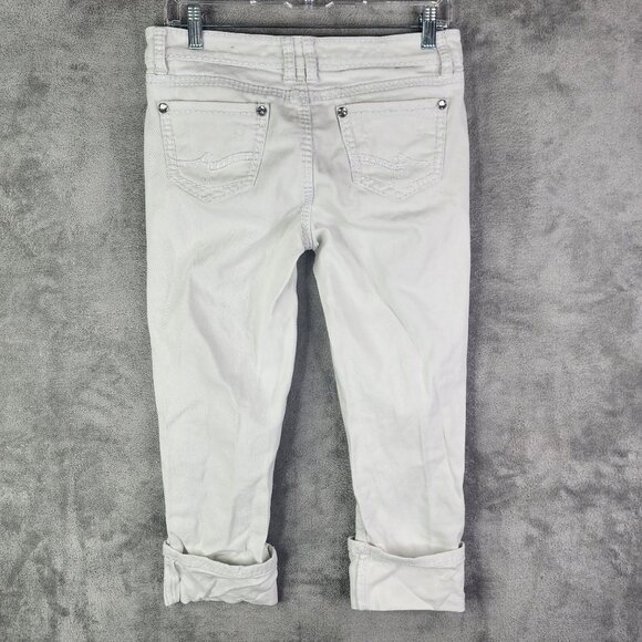 Women's White Cato Distressed Rolled Cuff Jeans Rhinestone Button Mid Rise 4 - Picture 10 of 15